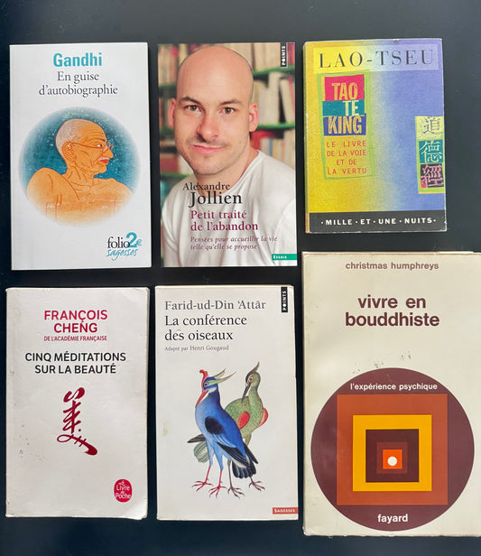 Lot de 6 livres “Sagesses & spiritualités” — Gandhi / Lao-Tseu / Cheng / Jollien / ‘Attâr / Humphreys