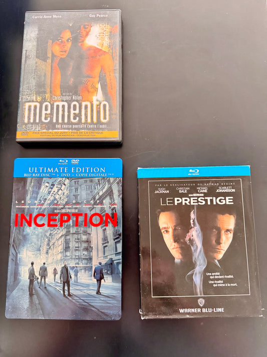 Lot Christopher Nolan (3 films) — Memento (DVD) + Inception (Blu-ray Ultimate Edition) + Le Prestige (Blu-ray)