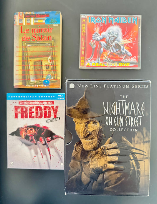 Pack Freddy Krueger — Coffret Nightmare on Elm Street + Nightmare on Elm Street Collection (DVD US New Line Platinum) + Graham Masterton Le miroir de Satan (livre) + Iron Maiden A Real Live One (CD)