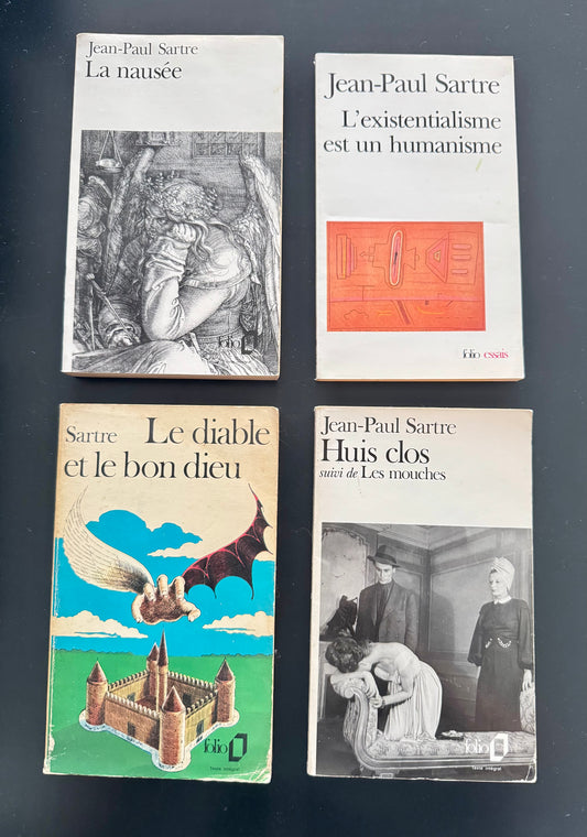 Lot Jean-Paul Sartre (4 livres) — La Nausée / L’existentialisme est un humanisme / Le diable et le bon dieu / Huis clos (suivi de Les mouches)