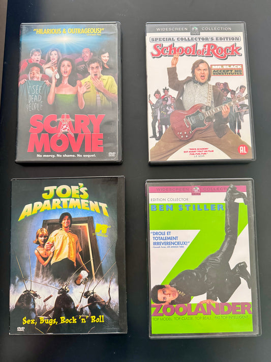 Lot 4 DVD Comédies : Scary Movie + School of Rock + Joe’s Apartment + Zoolander